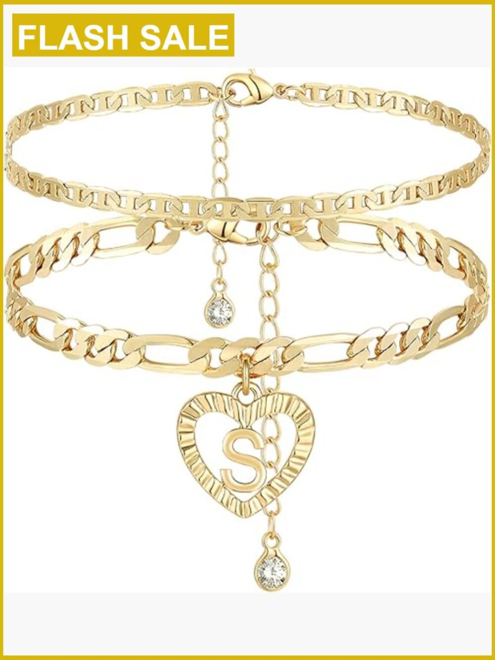 14K Gold Plated Initial Ankle Bracelets Set, Personalized Chain Anklet,